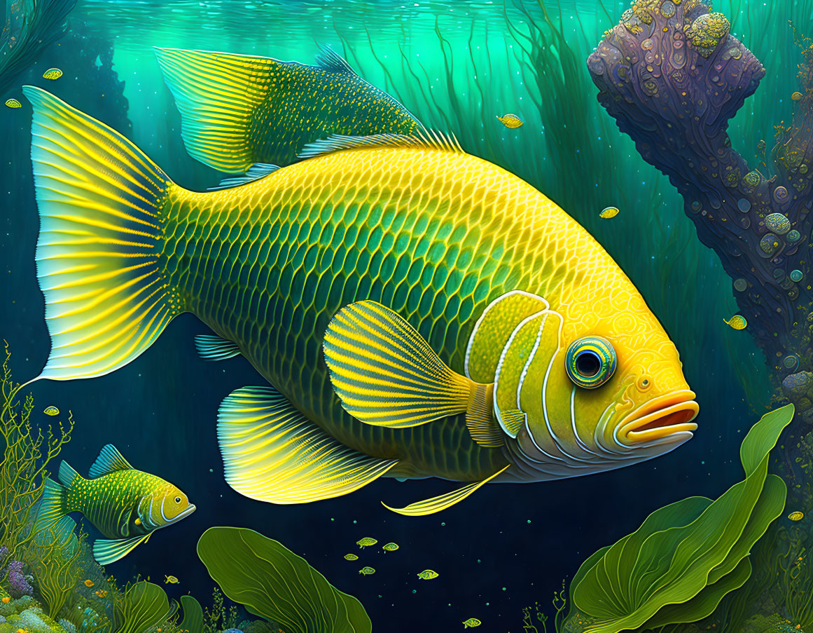 Colorful Yellow Fish Among Sea Plants in Underwater Scene