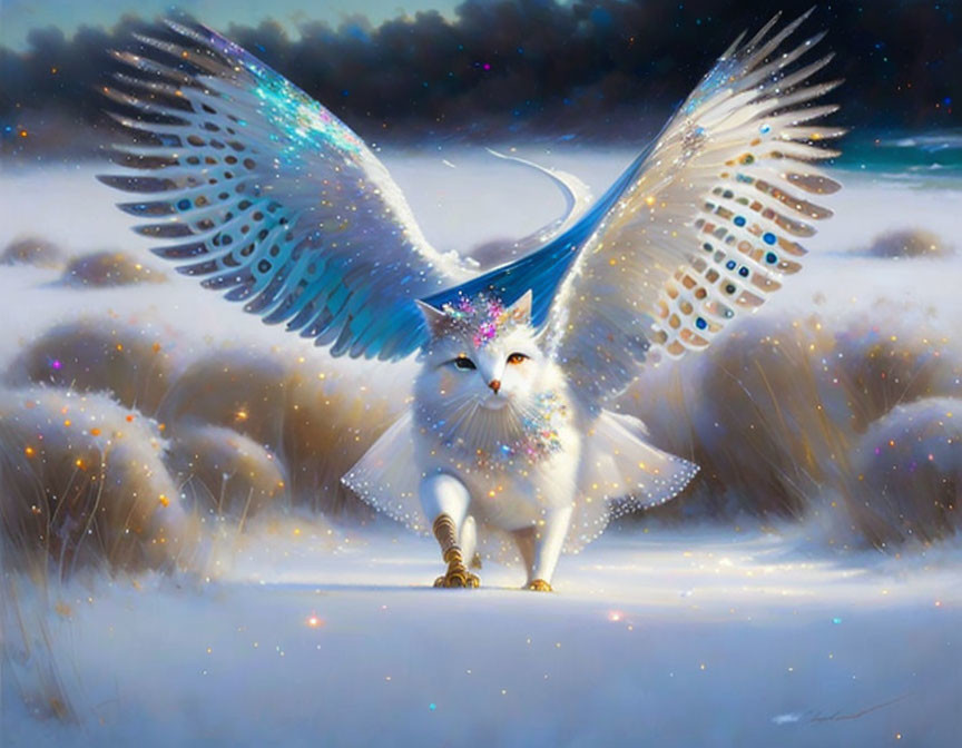 Majestic white owl with multicolored feathers in snowy twilight scene