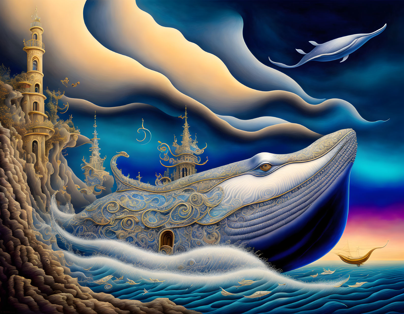 Surreal illustration of grand structure on colossal whale with leaping dolphins in dynamic sky