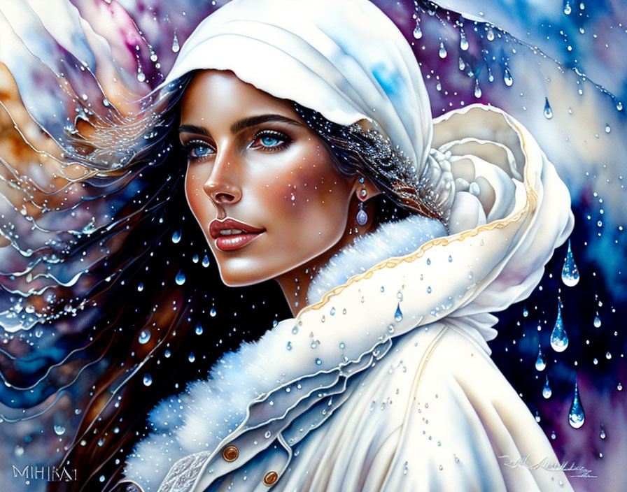 Digital painting of woman with blue eyes, brown hair, white winter attire, snowflakes & water