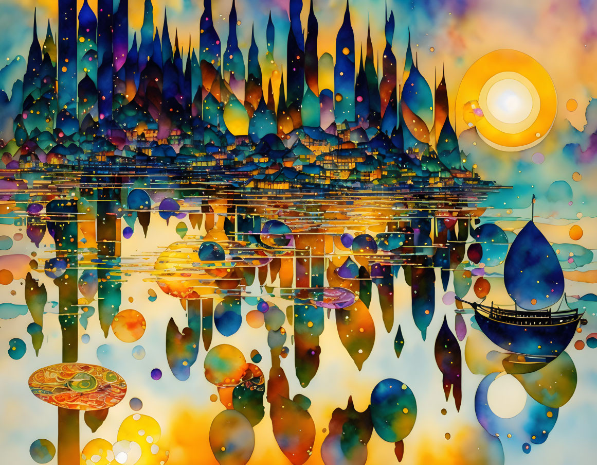 Colorful Abstract Artwork: Surreal Landscape with Dripping Shapes, Boat, and Sun