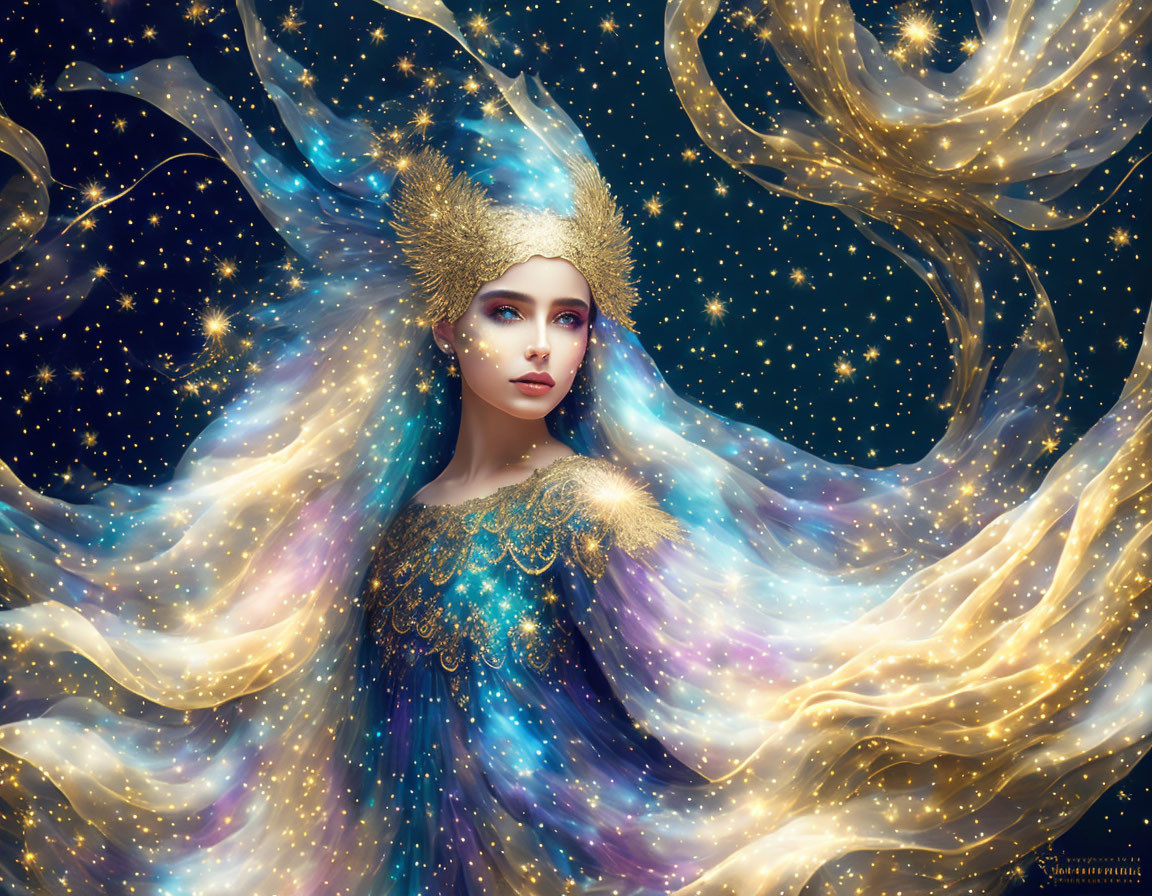 Ethereal woman with golden hair and celestial dress in starry background