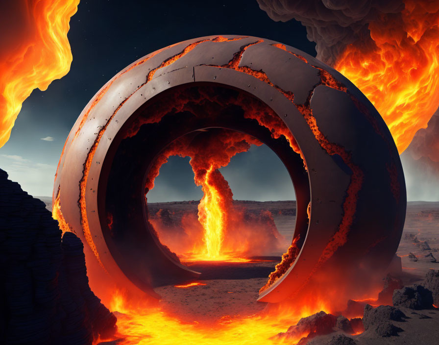 Surreal flaming toroidal structure in dramatic volcanic landscape