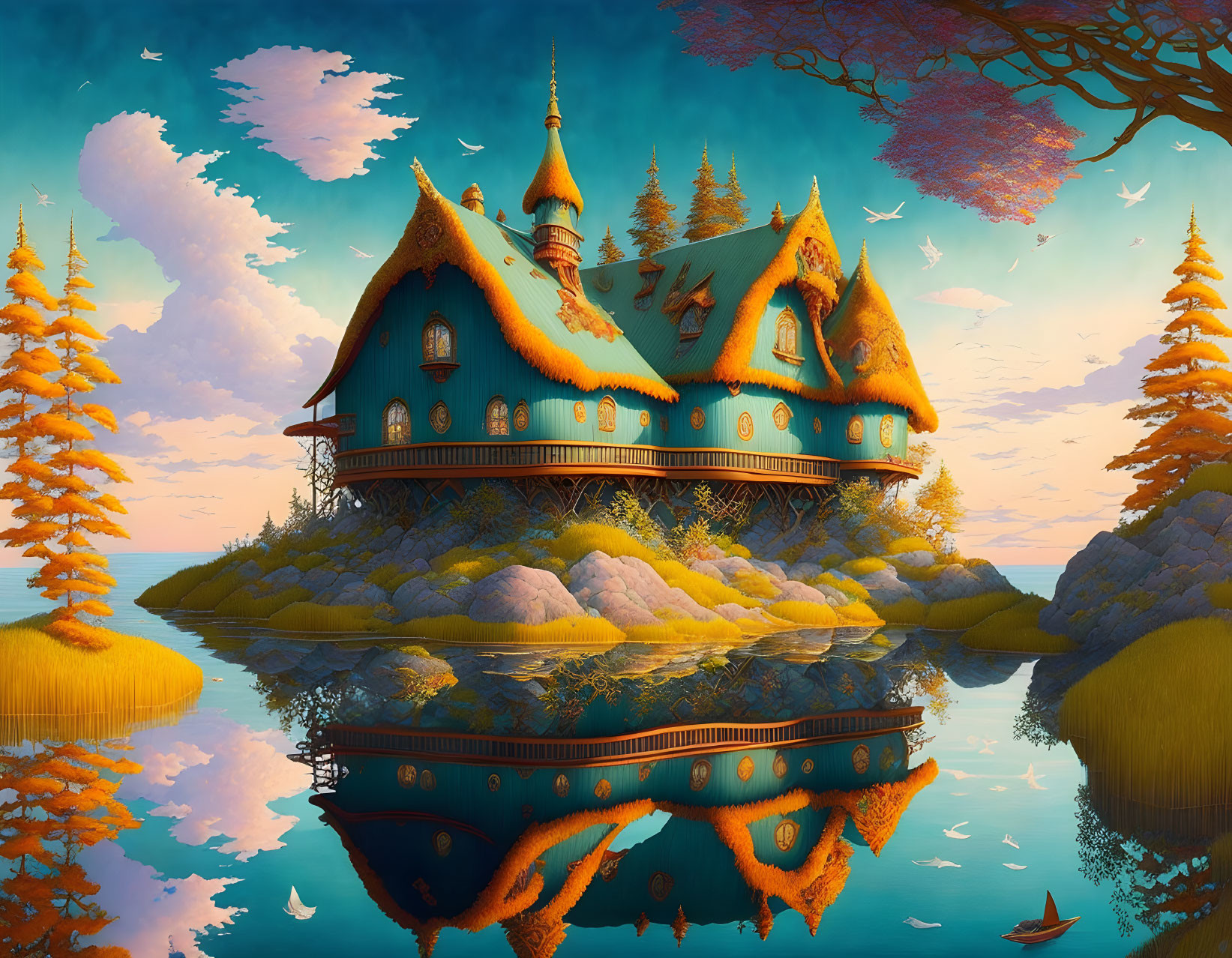 Whimsical house with spires in autumn setting on island reflected in calm waters