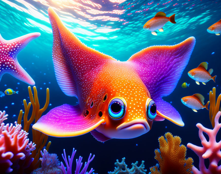 Colorful Underwater Illustration with Orange Fish and Starfish