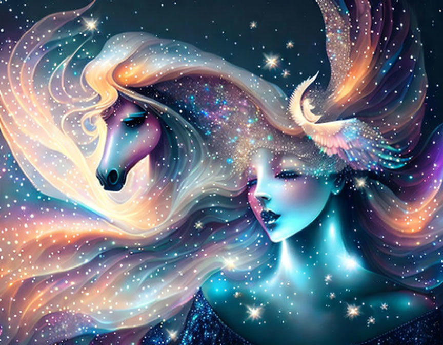 Blue-skinned woman with cosmic hair and celestial horse adorned with stars.