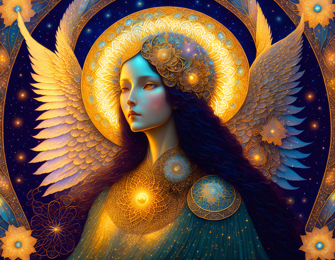 Mystical female figure with wings and halo in celestial setting