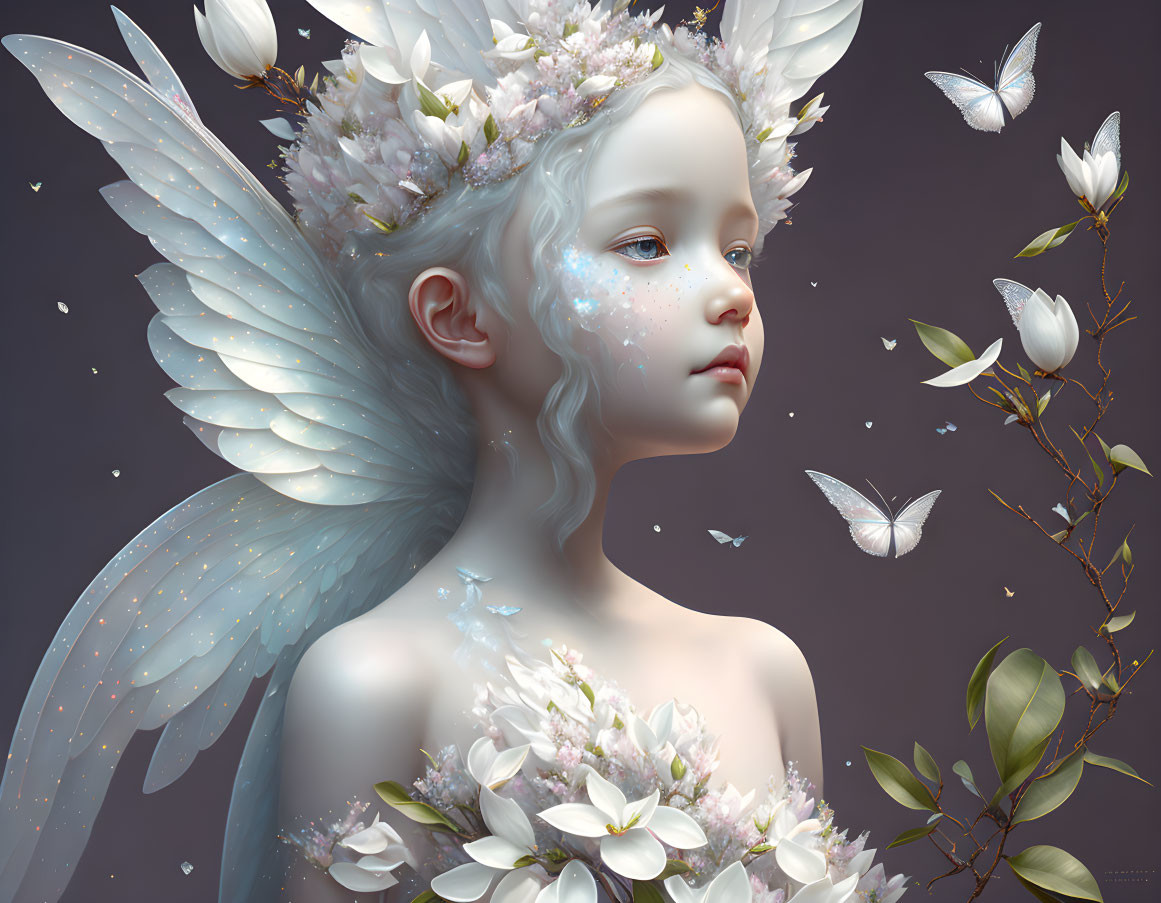 Child with delicate wings surrounded by flowers and butterflies