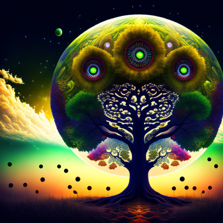 Surreal digital artwork: colorful tree, peacock feather leaves, night sky