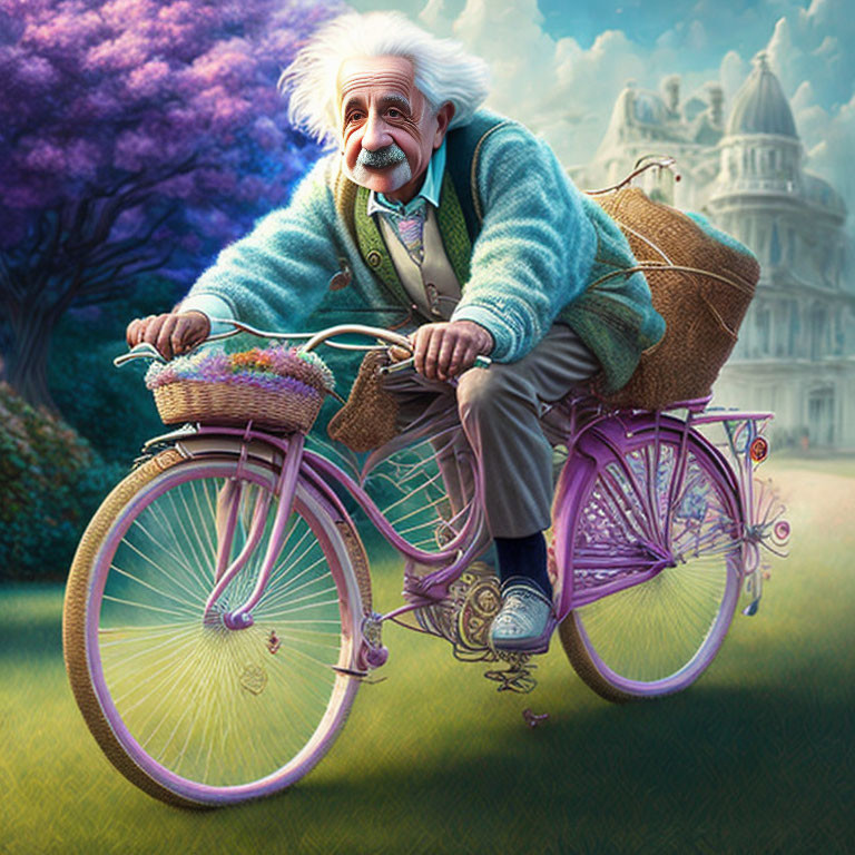 Elderly man with white hair and mustache on purple bicycle in park