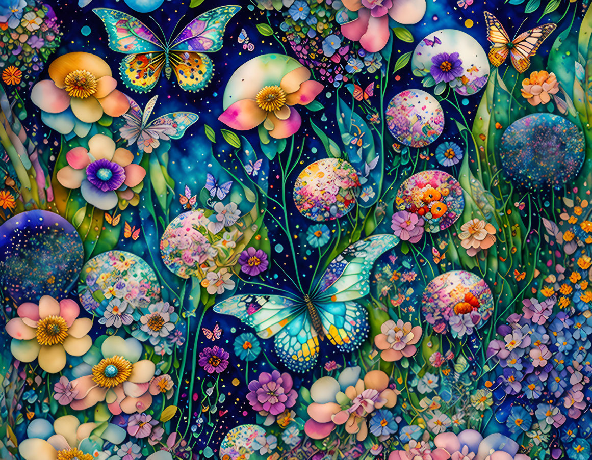 Colorful illustration of whimsical flowers and butterflies on celestial backdrop