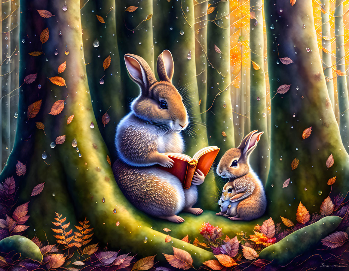 Enchanted forest scene with two rabbits reading and listening among magical lights