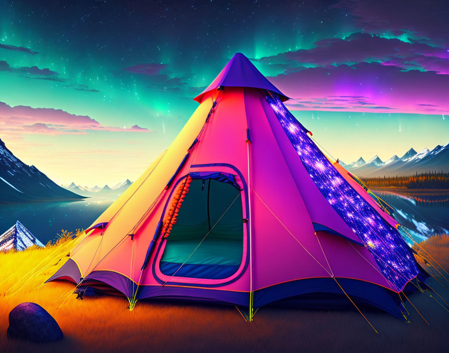 Colorful tent under starry sky with aurora borealis in mountain landscape at sunset