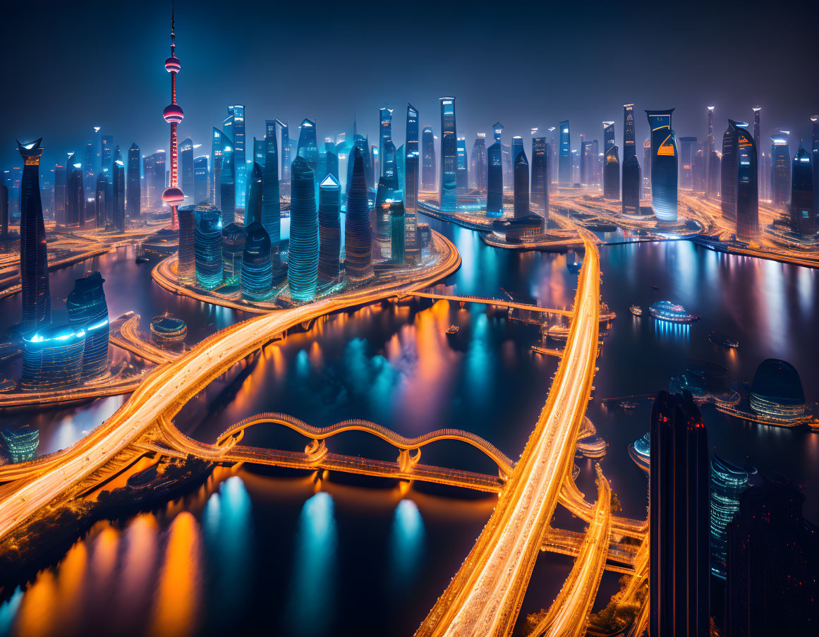 Nighttime futuristic cityscape with illuminated skyscrapers and radiant river.