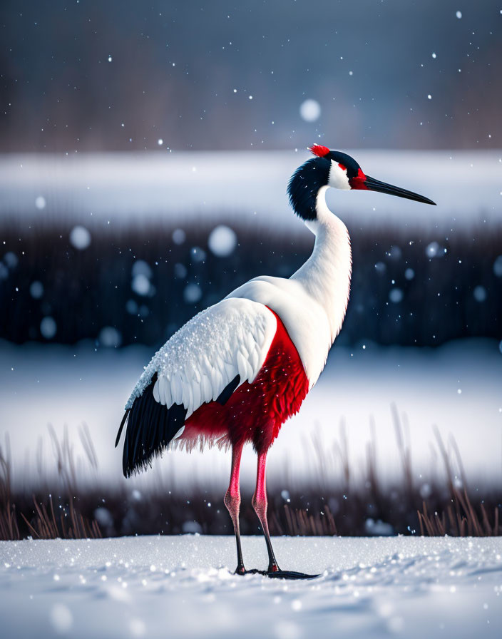 Red-Crowned Crane in Snowy Field with Falling Snowflakes