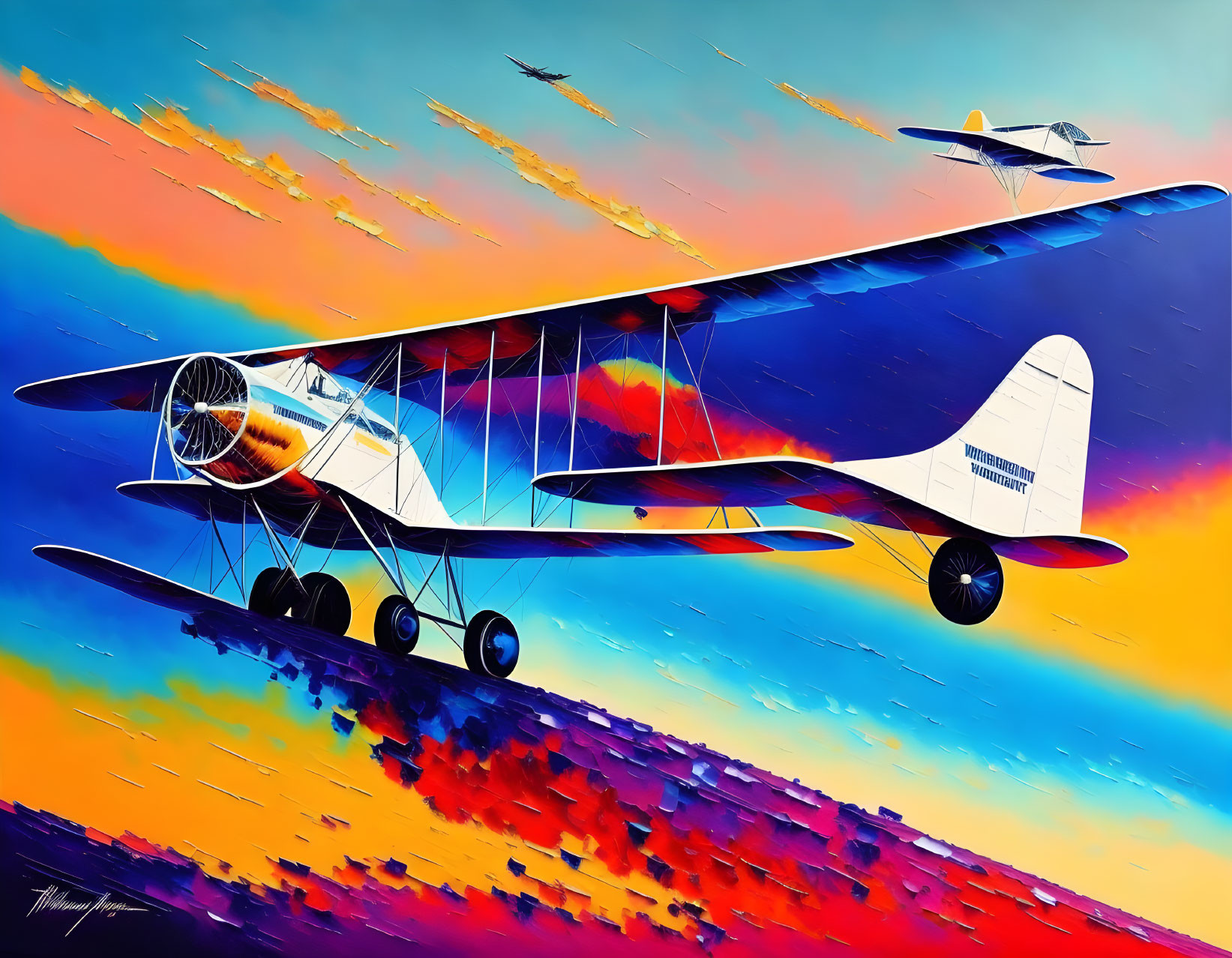 Colorful artwork featuring a classic biplane in a vibrant sky