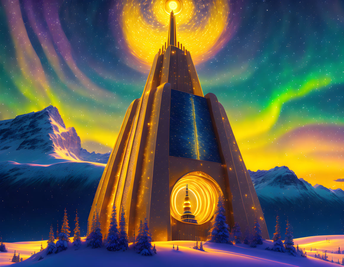 Fantasy tower glowing under aurora sky amidst snowy mountains