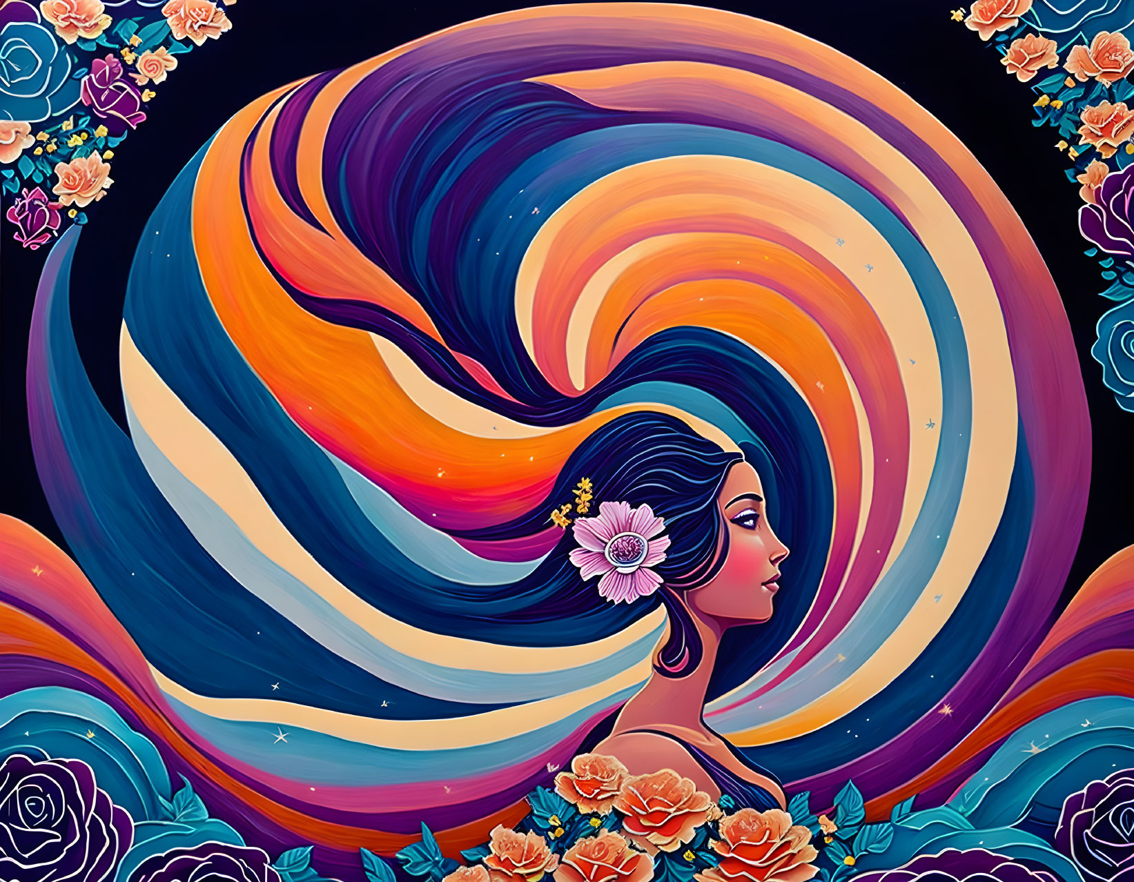 Colorful Woman with Flower Hair in Cosmic Wave Surrounding