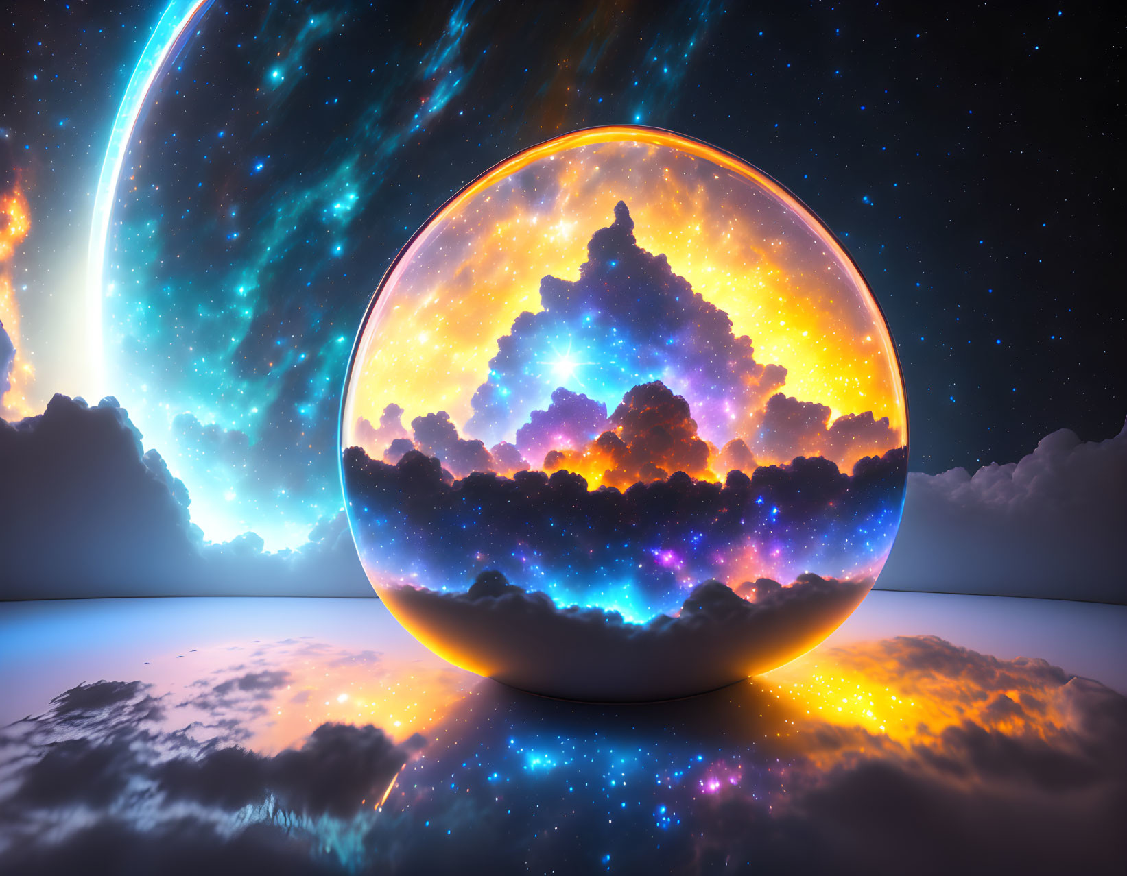 Colorful cosmic scene in transparent sphere on star-lit backdrop with reflections