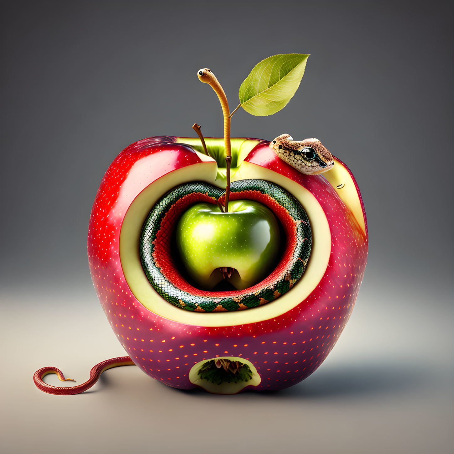 Nested apples forming infinite loop with snake-like texture and leaf.