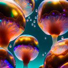 Stylized jellyfish with glowing edges and bubbles on dark aquatic backdrop