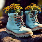 Adorable ducklings on white boots with water droplets and autumn leaves