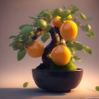 Miniature Orange Tree with Ripe Fruit in Black Bowl and Water Droplets