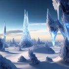 Icy Landscape with Blue Ice Spires and Reflective Spheres