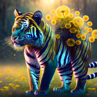 Surreal tiger with dandelion burst in moody grass field