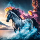 White Horse with Fiery Mane and Volcanic Eruption Background