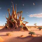 Surreal desert scene with gigantic tree and birds under clear sky