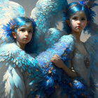 Fantasy characters with large blue wings and ornate feathers in angelic attire.