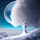 Snowy landscape with white tree, starry sky, crescent moon, and mountains.