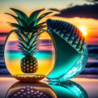 Pineapple and beach scene reflected in transparent sphere at sunset