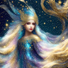 Ethereal woman with golden hair and celestial dress in starry background