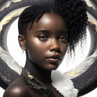 Digital Art: Dark-skinned Woman with Curly Hair, Gold and White Flower Halo