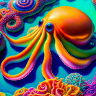 Colorful Octopus Artwork Among Neon Coral in Ocean