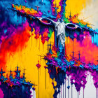 Colorful Graffiti Art: Jesus Figure on Cross with Dripping Purple and Orange Background