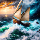 Colorful digital artwork: sailboat on crystal sea under split sky