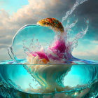 Colorful digital artwork: Banana splash in fish-filled bowl