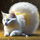 Fluffy White Cat with Luminous Fibres on Dark Sparkly Background