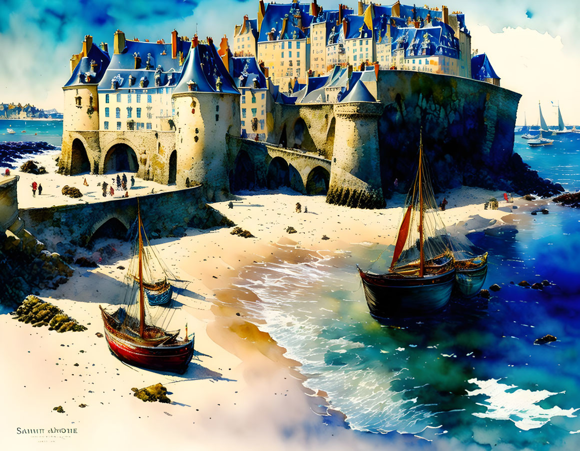 Historic coastal town painting with boats, castle, and blue sky