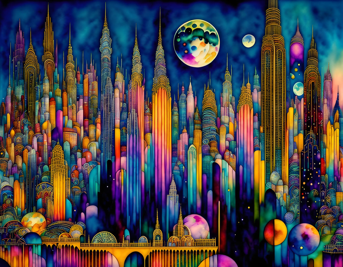 Whimsical, colorful artwork: Futuristic cityscape under celestial sky