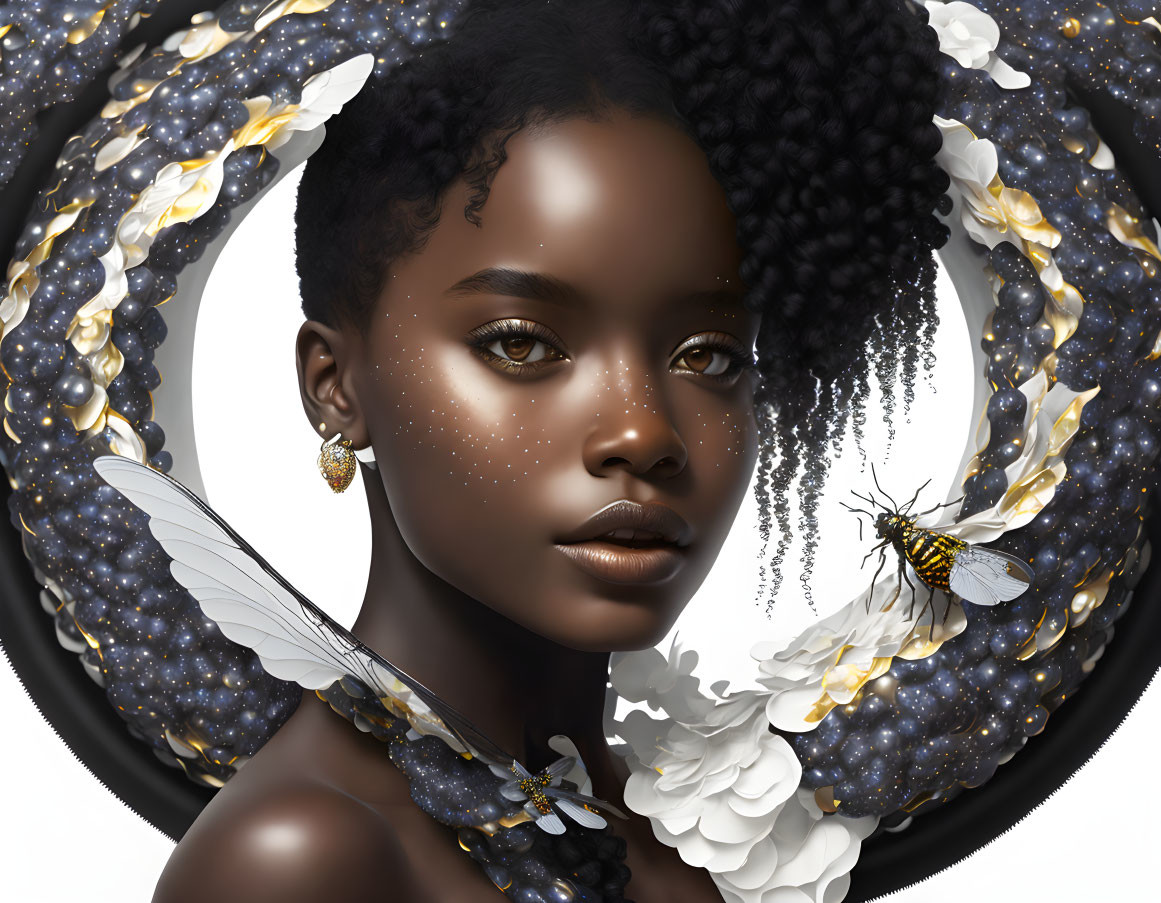 Digital Art: Dark-skinned Woman with Curly Hair, Gold and White Flower Halo