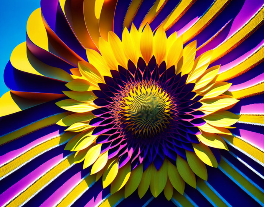 Colorful Stylized Sunflower Artwork on Striped Blue Background