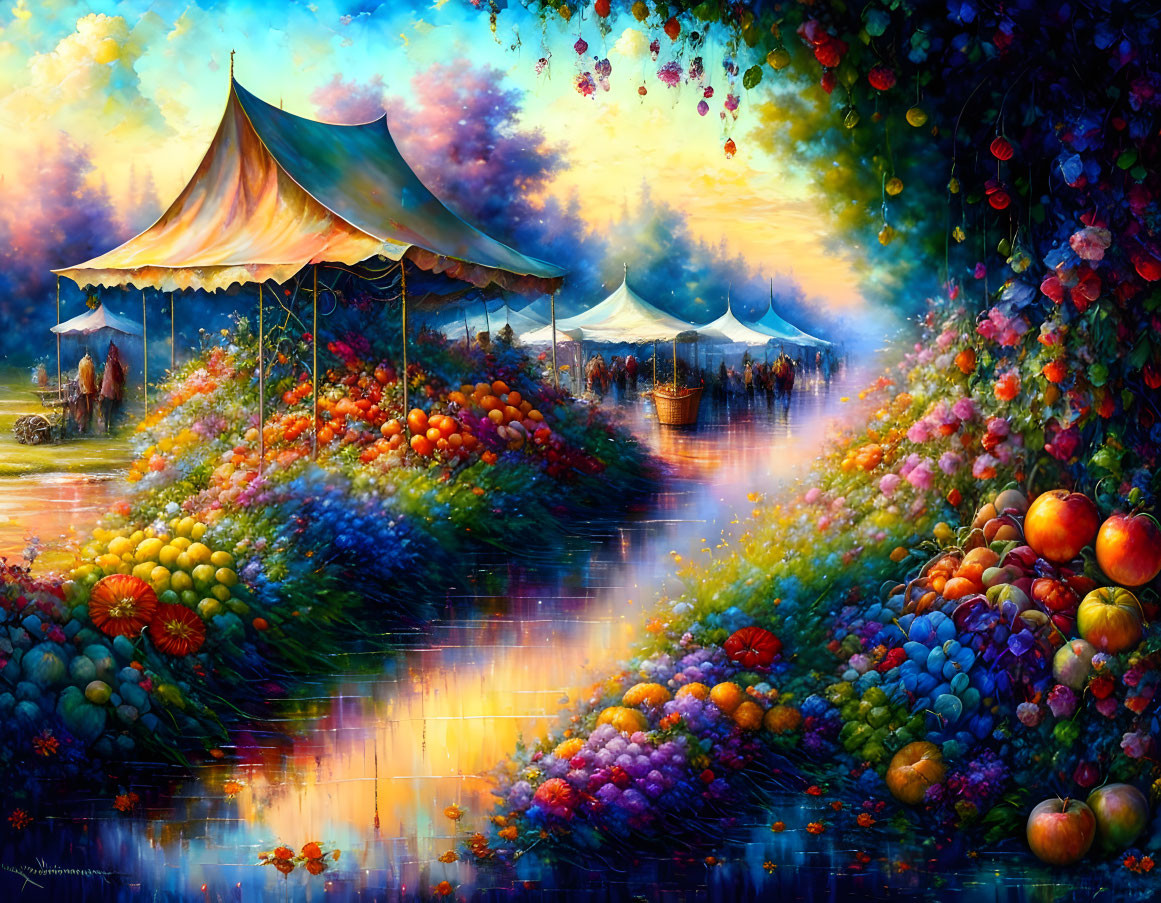 Colorful marketplace by the river with fruit displays, tents, and boats