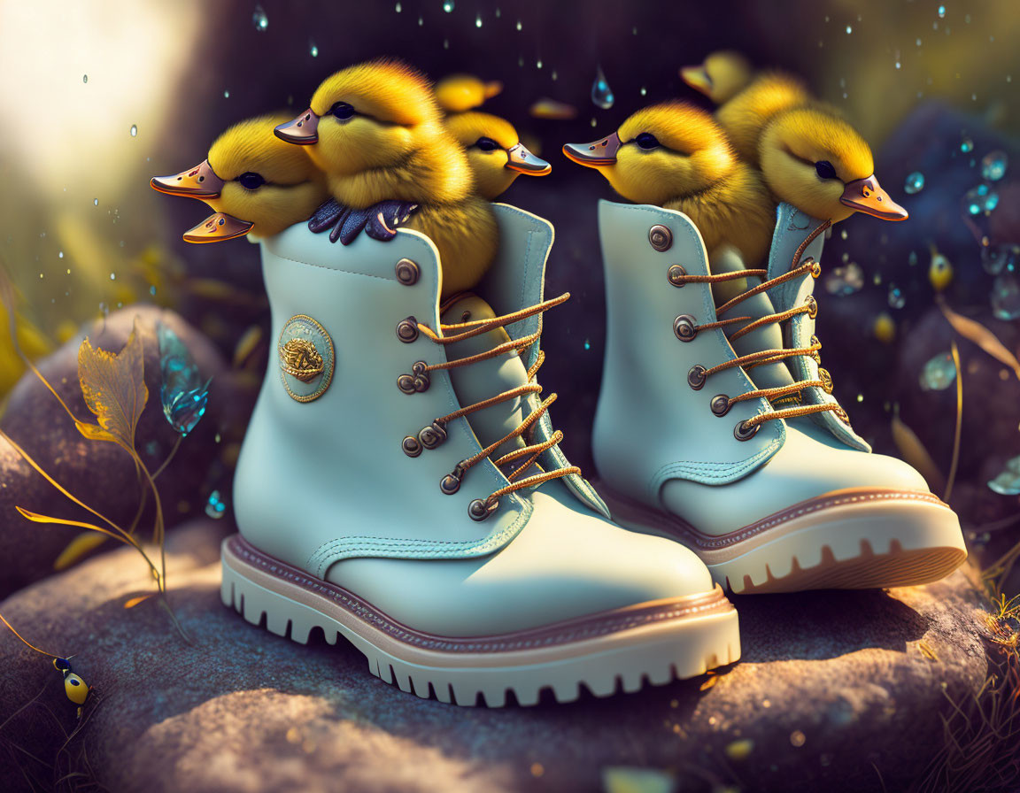 Adorable ducklings on white boots with water droplets and autumn leaves