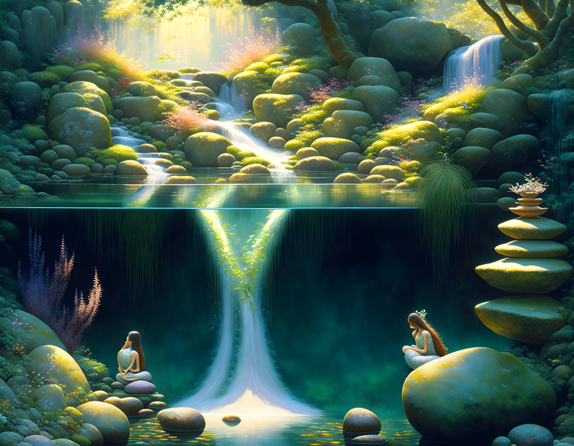 Tranquil fantasy scene: person meditating by reflective pond