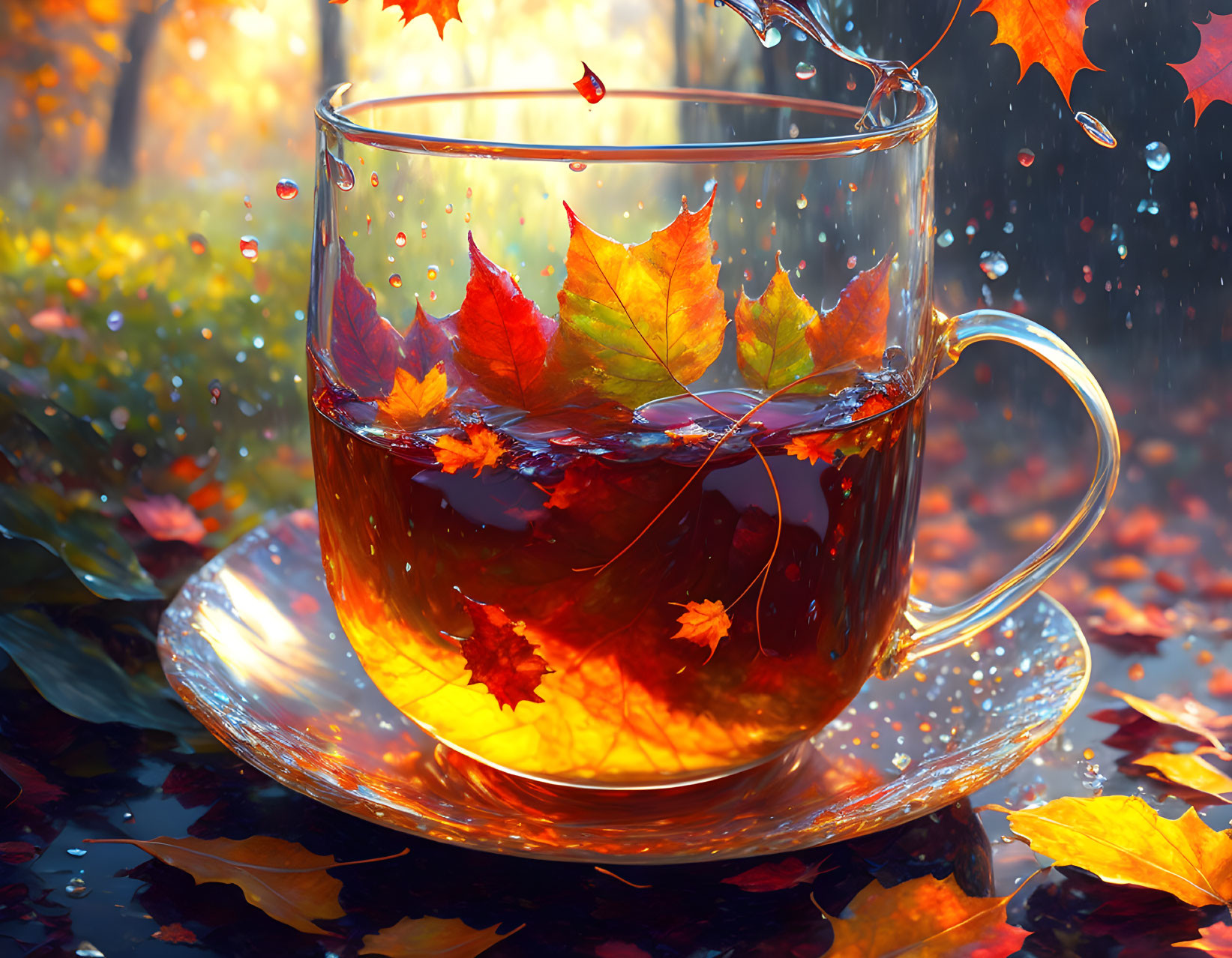 Transparent Cup of Tea with Autumn Leaves in Warm Bokeh-lit Setting