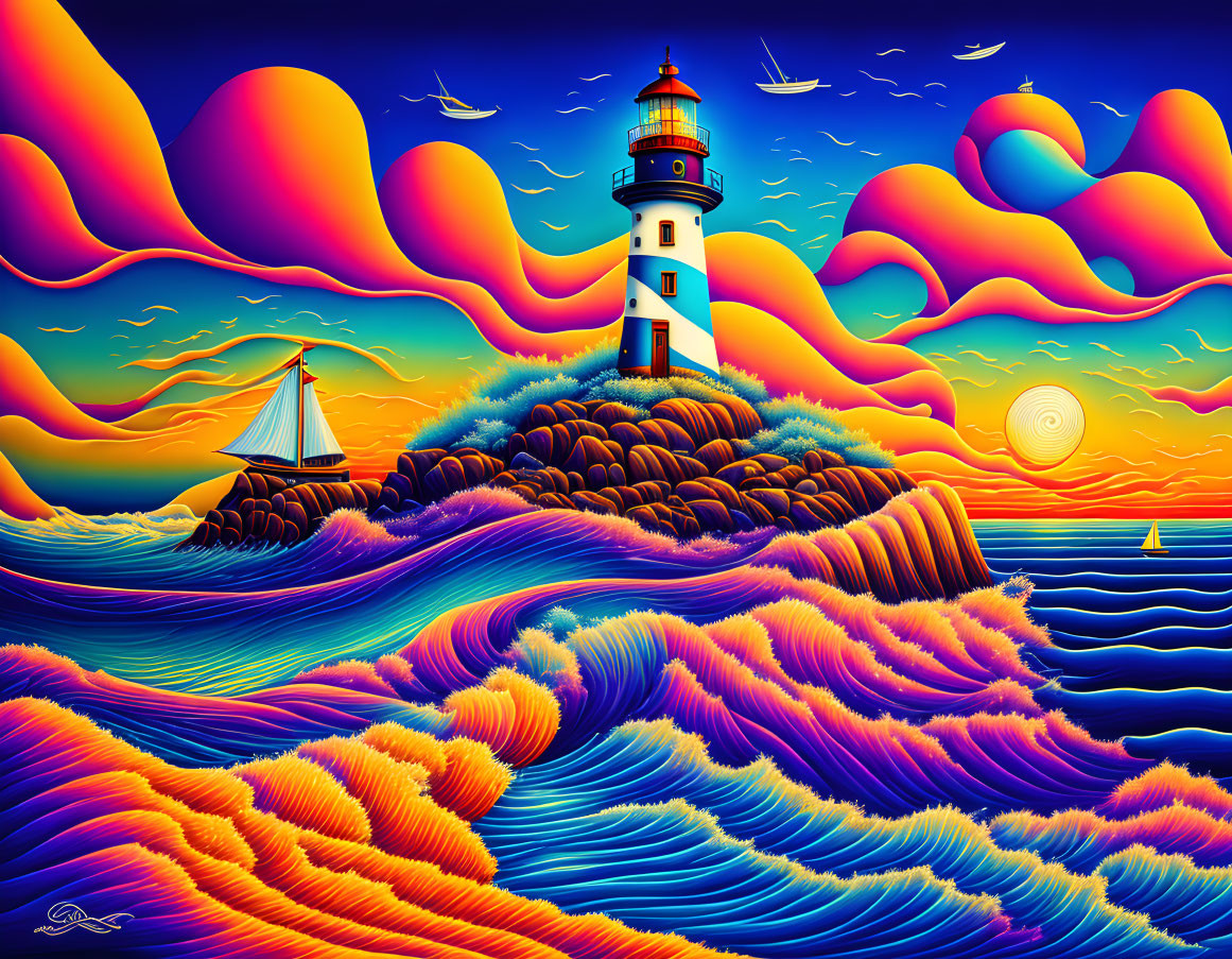 Colorful Psychedelic Lighthouse Illustration with Sailboat and Sunset